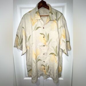 Tommy Bahama Men's Olive Palm tree print 100% silk short sleeve shirt XL GUC